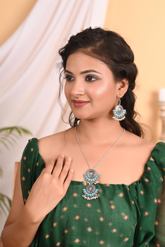 Tanusha Jewels Oxidised Pendent Set for Women (Pack of 1 Sky)