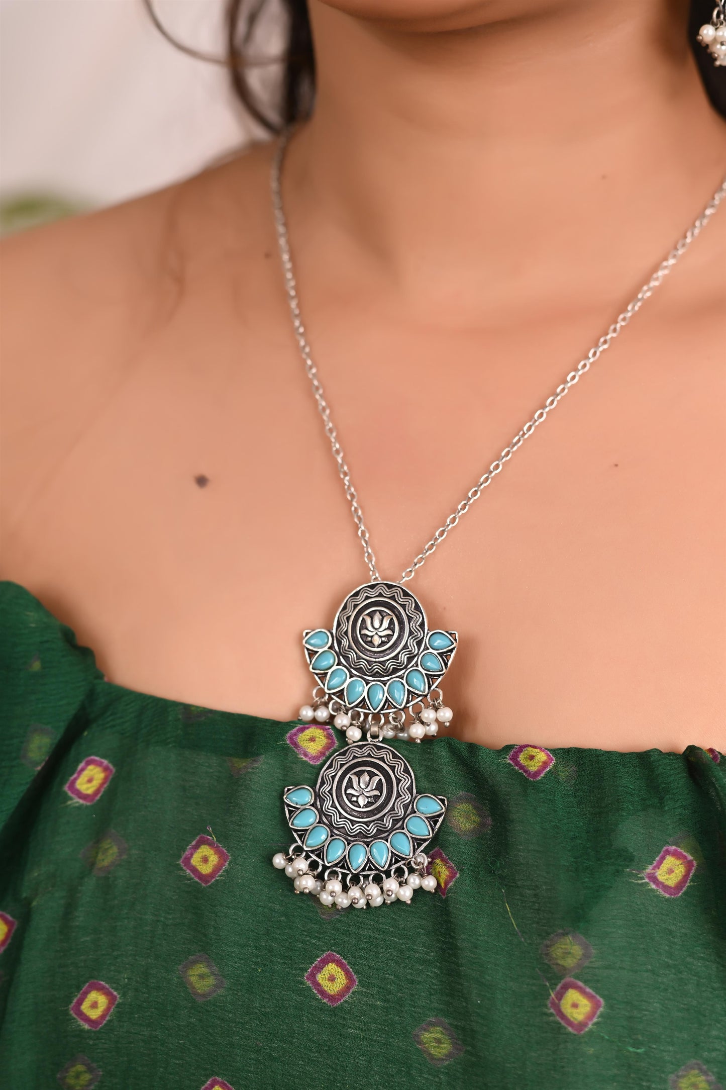 Tanusha Jewels Oxidised Pendent Set for Women (Pack of 1 Sky)