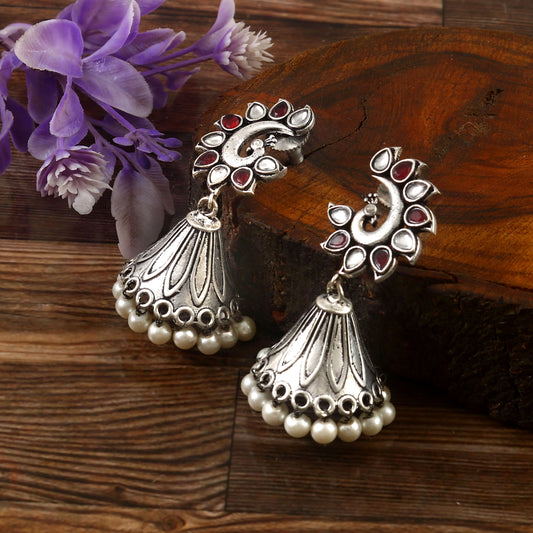 Tanusha Jewels Silver Oxidised Floral Jhumki For Womens