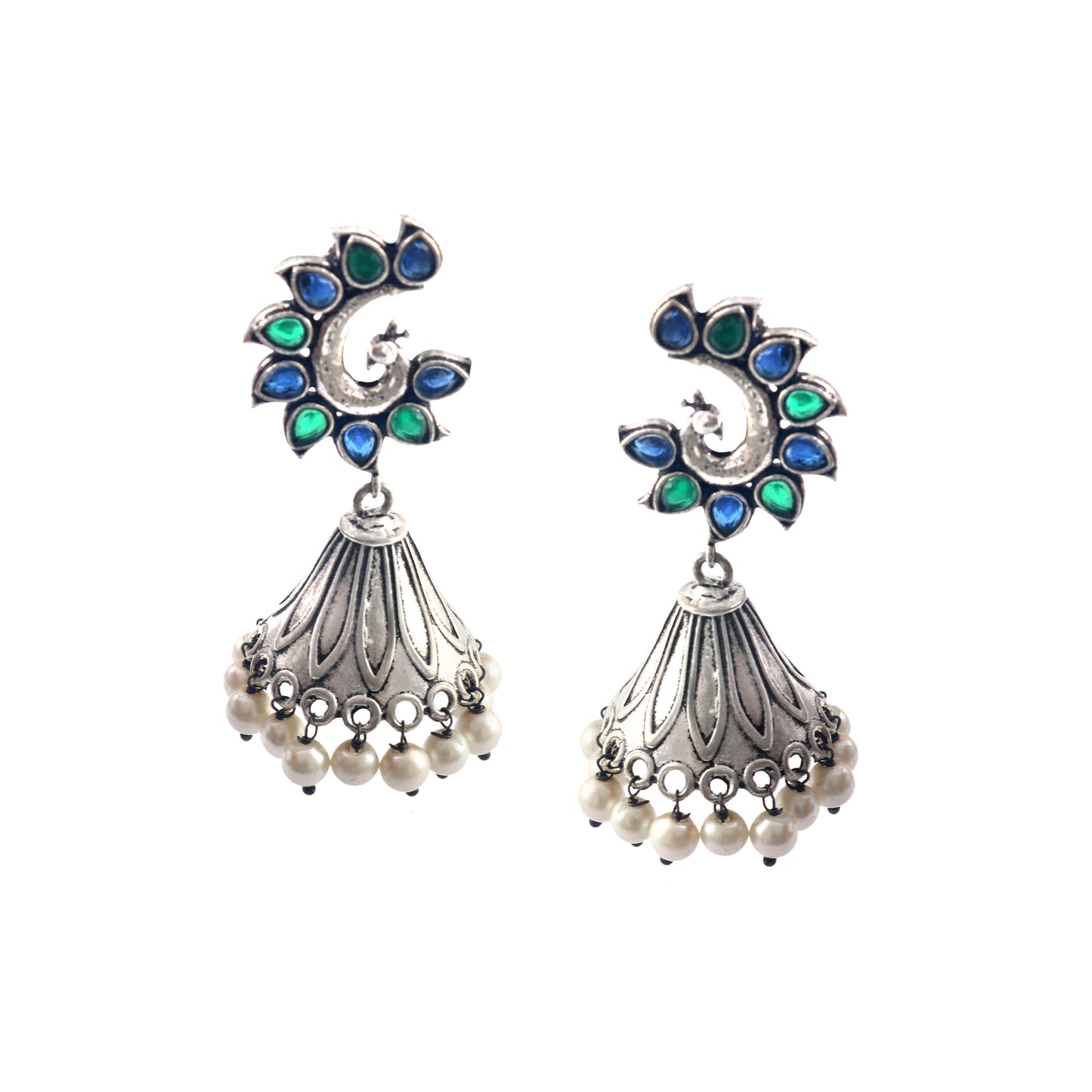 Tanusha Jewels Multicolour Silver Oxidised Floral Jhumki For Womens