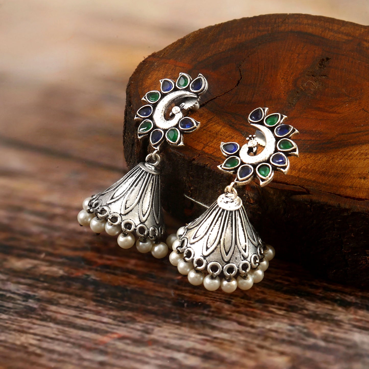 Tanusha Jewels Multicolour Silver Oxidised Floral Jhumki For Womens