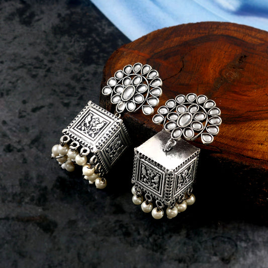 Tanusha Jewels Oxidised Square Shaped Jhumki Earrings For Womens