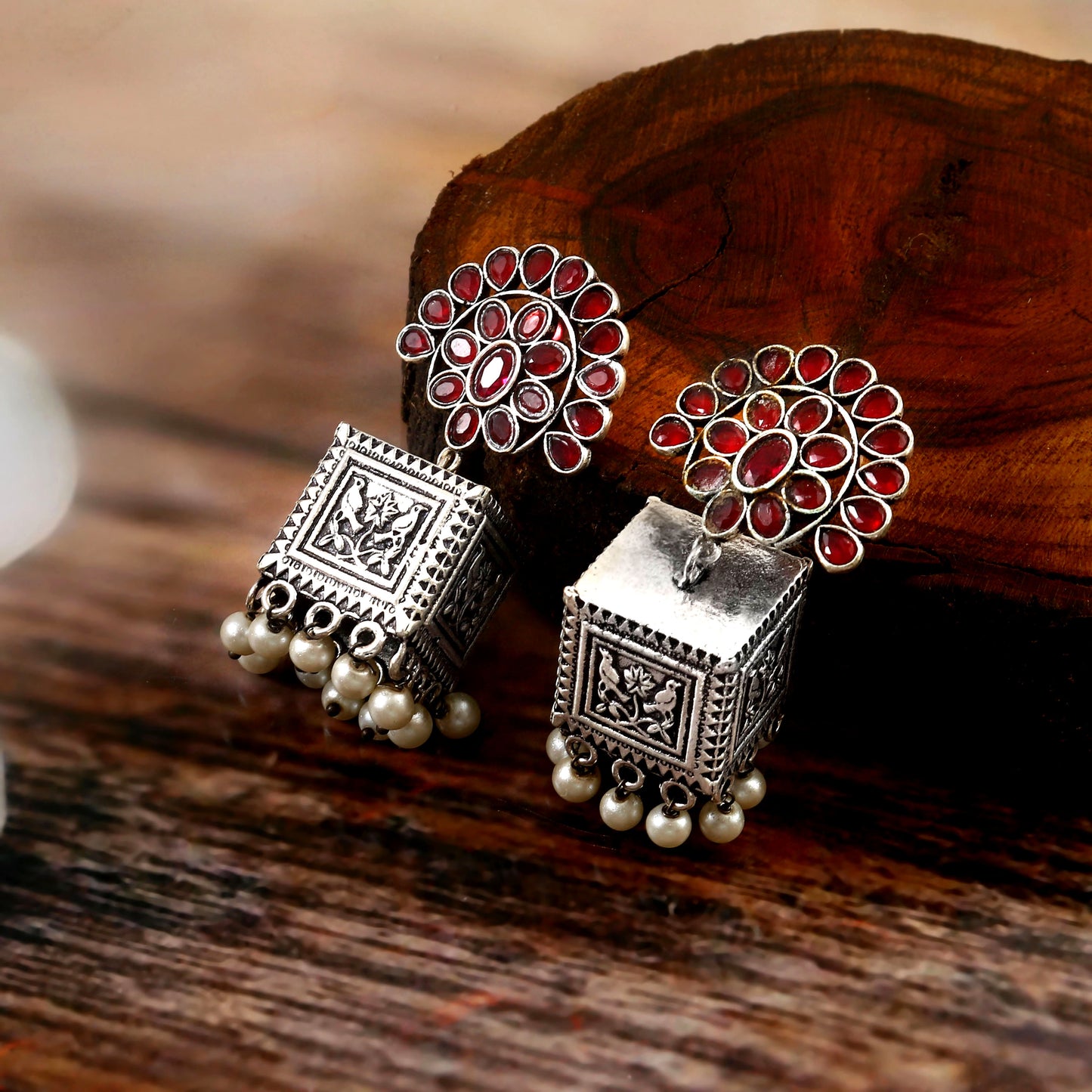 Tanusha Jewels Oxidised Square Shaped Jhumki Earrings For Womens