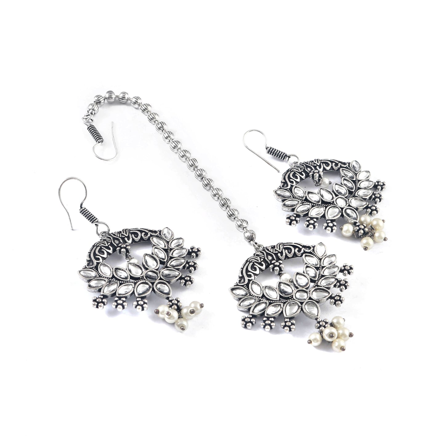 Tanusha Jewels Silver Oxidised Earring & Maangtikka Set For Womens & Girls