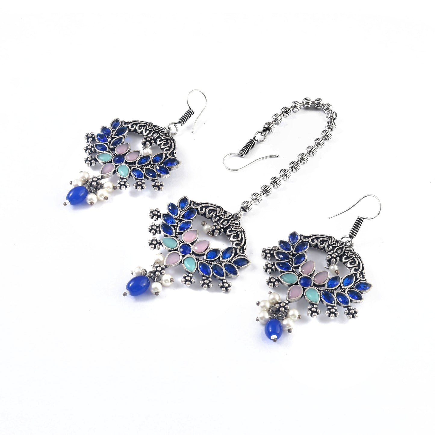 Tanusha Jewels Silver Oxidised Earring & Maangtikka Set For Womens & Girls