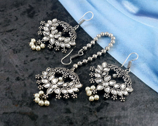 Tanusha Jewels Silver Oxidised Earring & Maangtikka Set For Womens & Girls