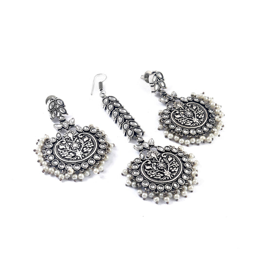 Tanusha Jewels Silver Oxidised Pearl Studed Earring & Maangtikka Set For Womens & Girls