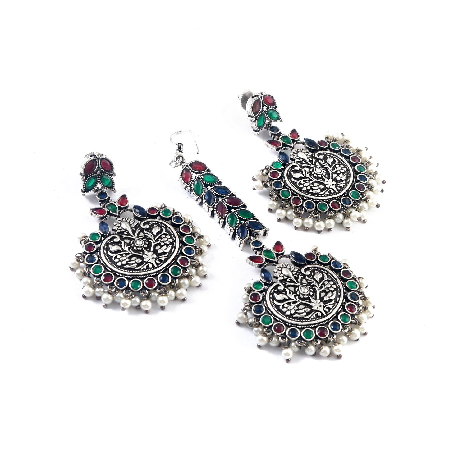 Tanusha Jewels Silver Oxidised Pearl Studed Earring & Maangtikka Set For Womens & Girls