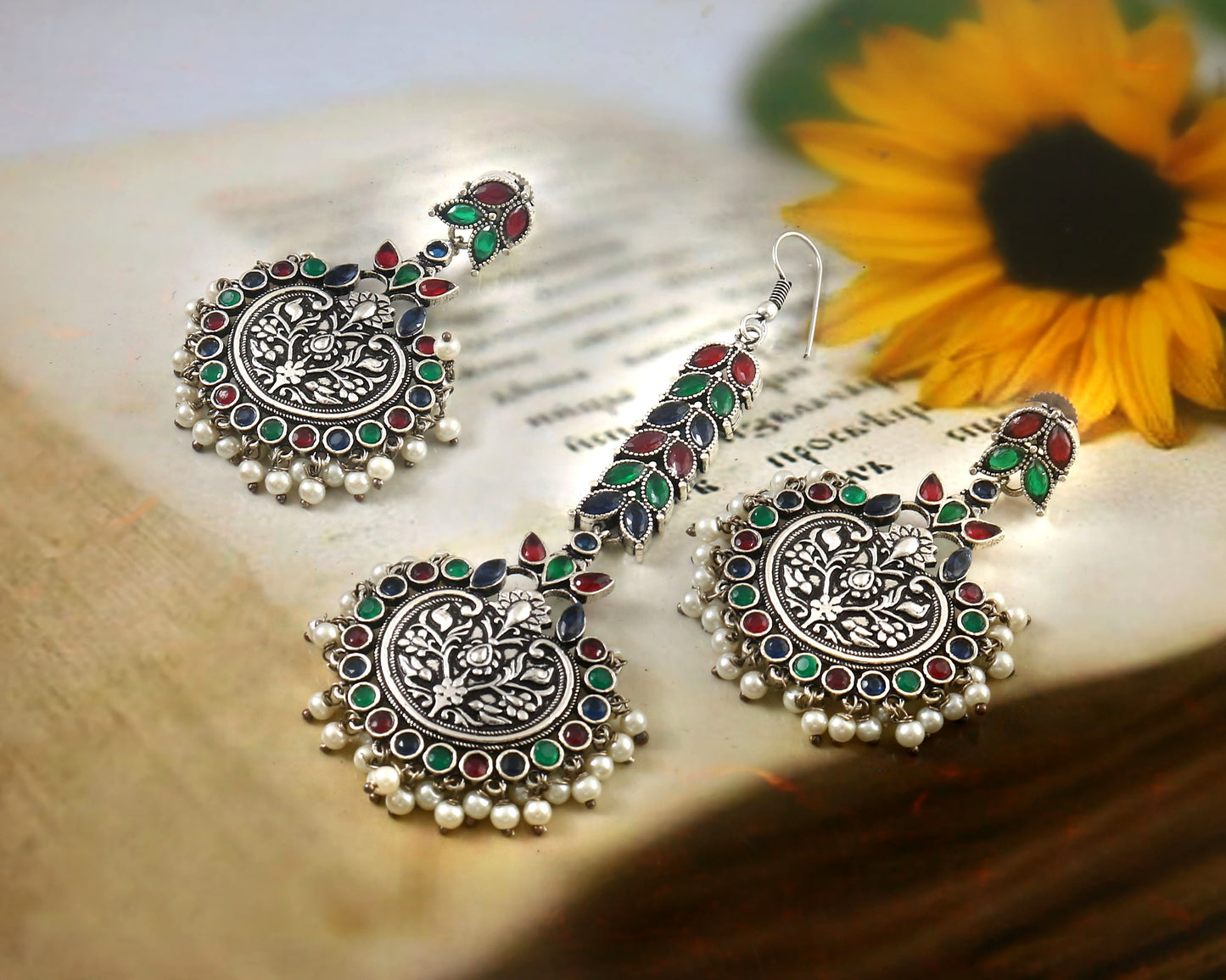 Tanusha Jewels Silver Oxidised Pearl Studed Earring & Maangtikka Set For Womens & Girls