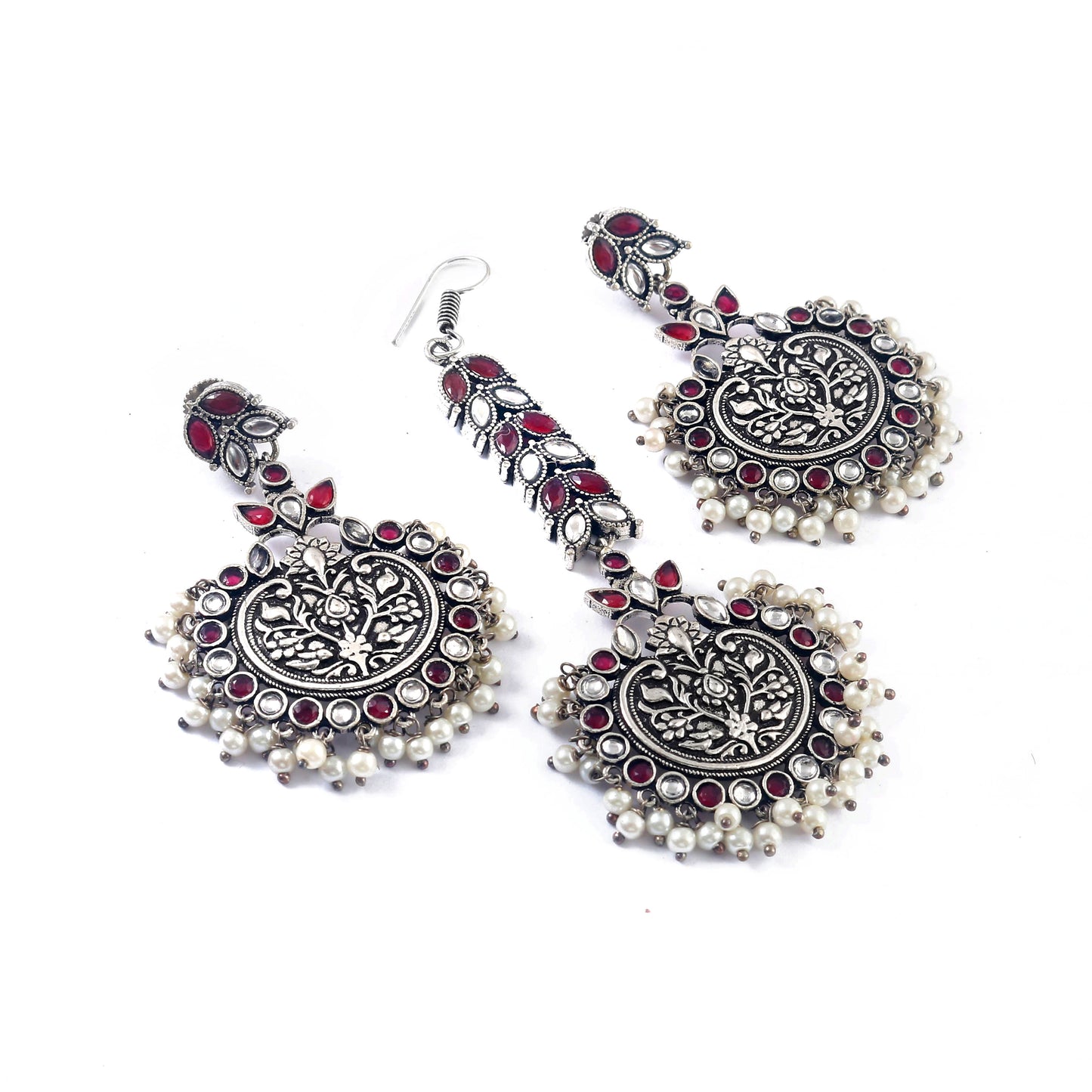 Tanusha Jewels Silver Oxidised Pearl Studed Earring & Maangtikka Set For Womens & Girls