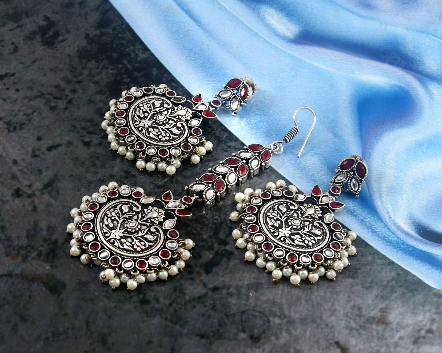 Tanusha Jewels Silver Oxidised Pearl Studed Earring & Maangtikka Set For Womens & Girls