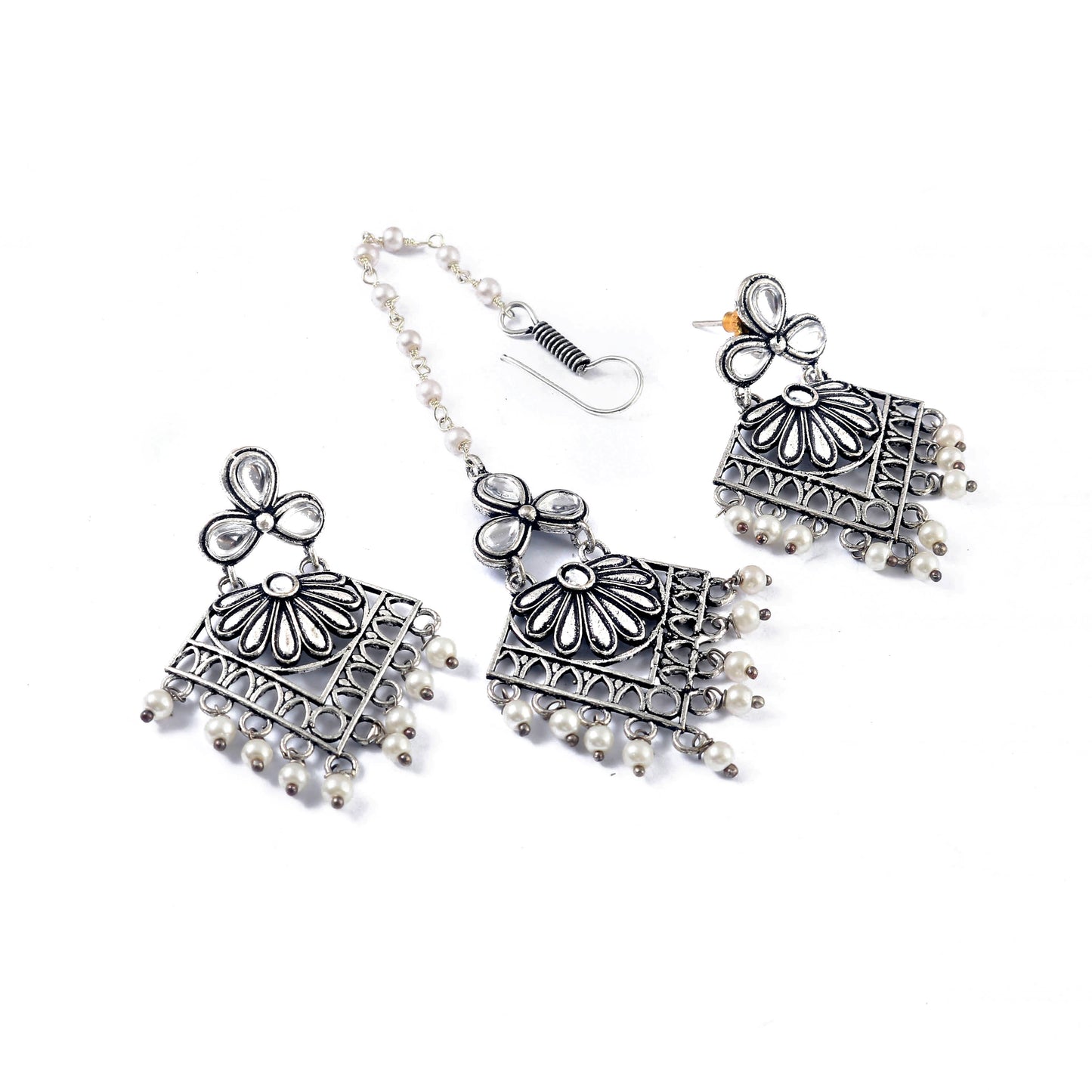 Tanusha Jewels Silver Oxidised Earring & Maangtikka Set For Womens & Girls ( Pack Of 1 )