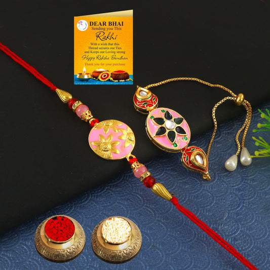 Tanusha Jewels Pink Bhaiya & Bhabhi Rakhi Set