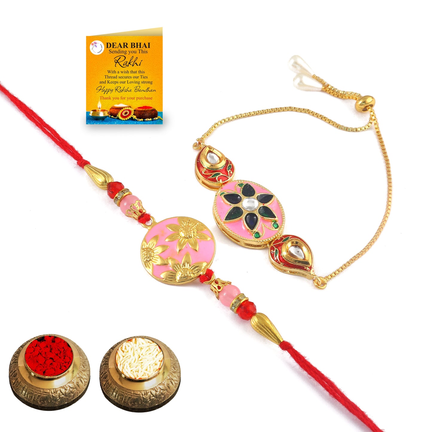 Tanusha Jewels Pink Bhaiya & Bhabhi Rakhi Set