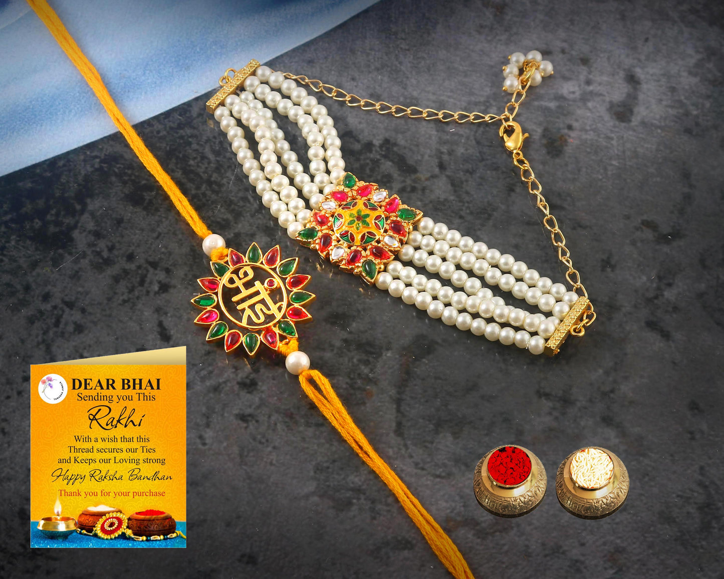 Tanusha Jewels Multicolour  Pearl Bhaiya & Bhabhi Rakhi Set