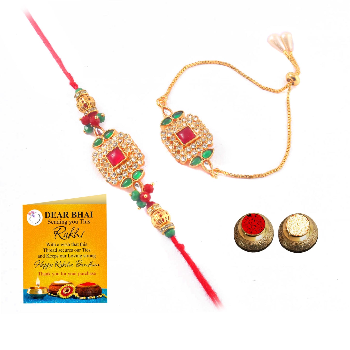 Tanusha Jewels Multicolour Kundan Pearl Bhaiya & Bhabhi Rakhi Set