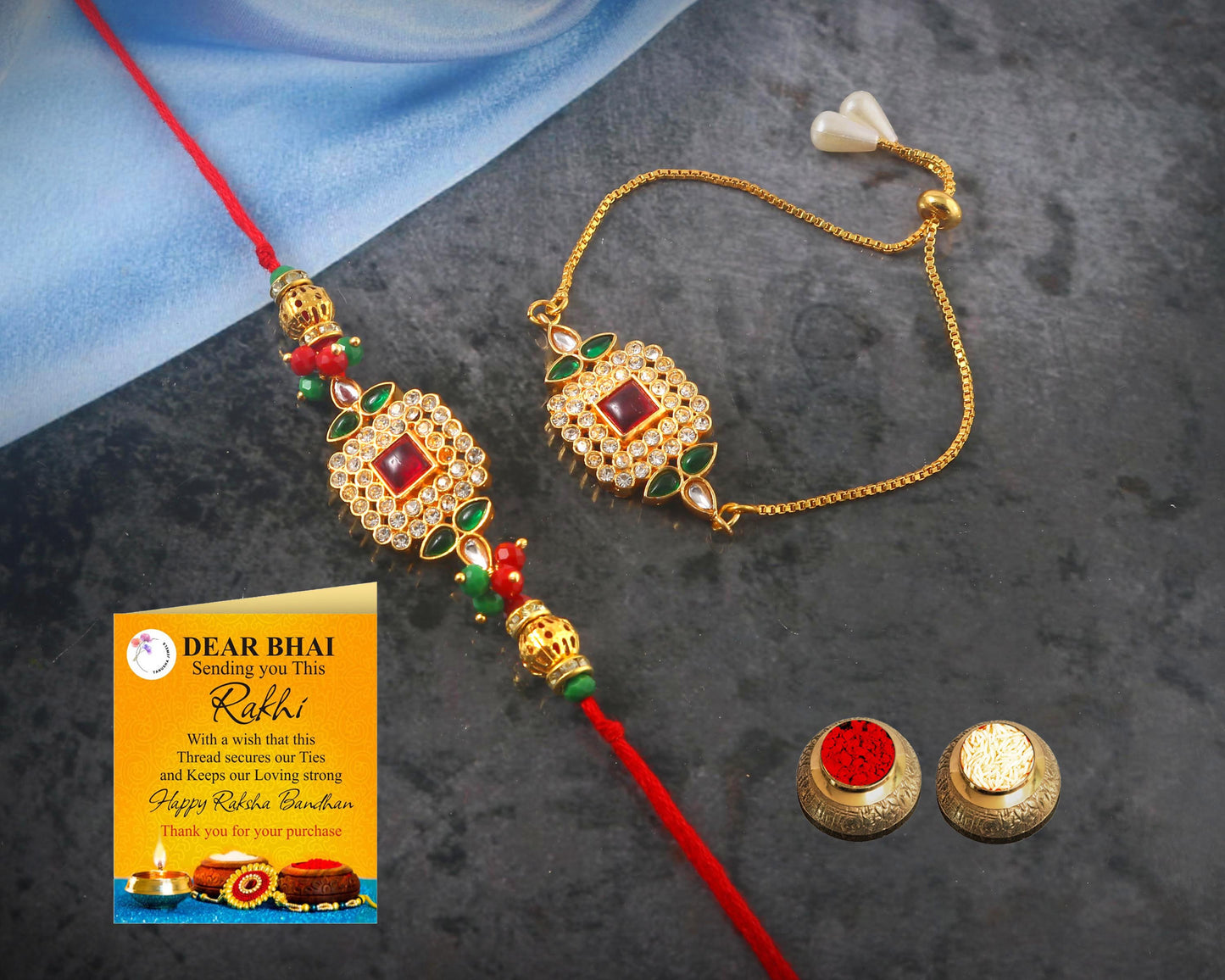 Tanusha Jewels Multicolour Kundan Pearl Bhaiya & Bhabhi Rakhi Set