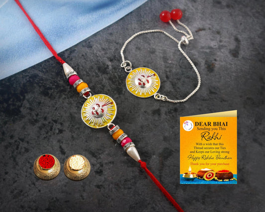 Tanusha Jewels Multicolour Meenakari Work Pearl Bhaiya & Bhabhi Rakhi Set