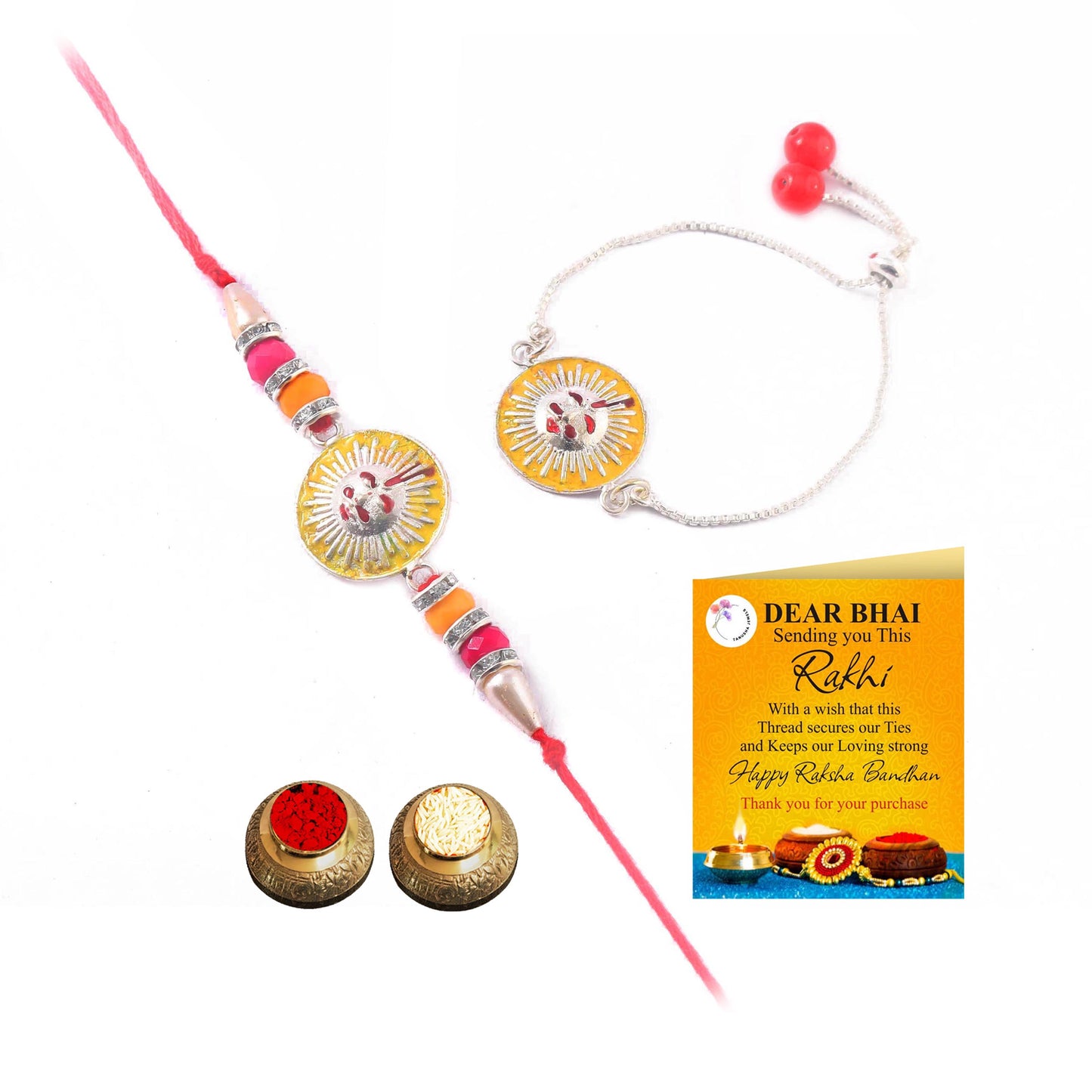 Tanusha Jewels Multicolour Meenakari Work Pearl Bhaiya & Bhabhi Rakhi Set