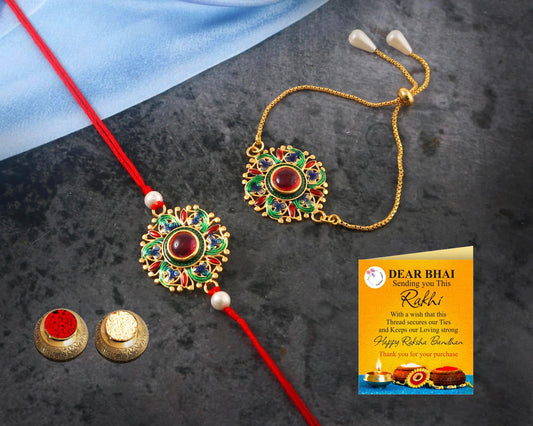 Tanusha Jewels Multicolour Designer Bhaiya & Bhabhi Rakhi Set / Lumba Rakhi / Rakhi Set