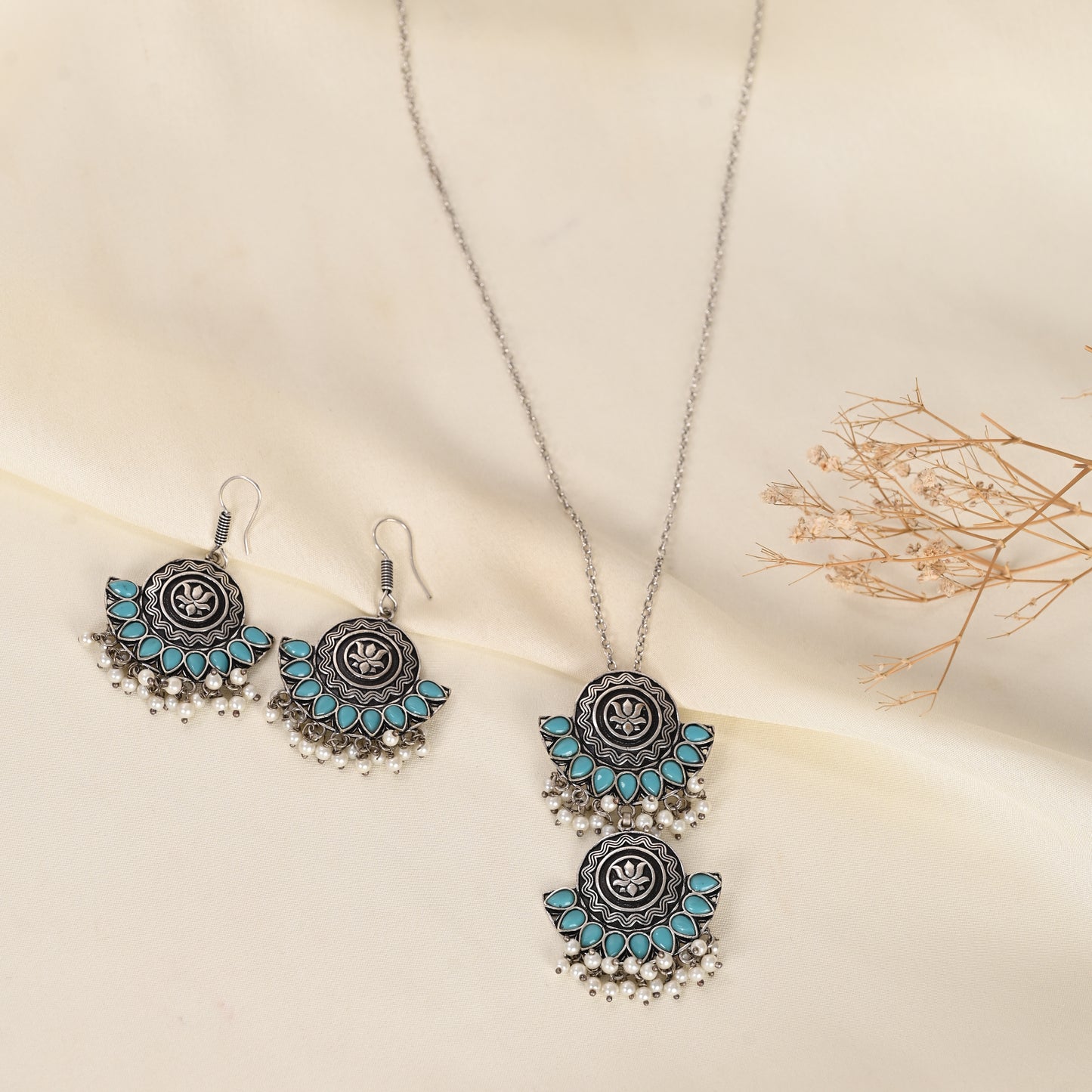 Tanusha Jewels Oxidised Pendent Set for Women (Pack of 1 Sky)