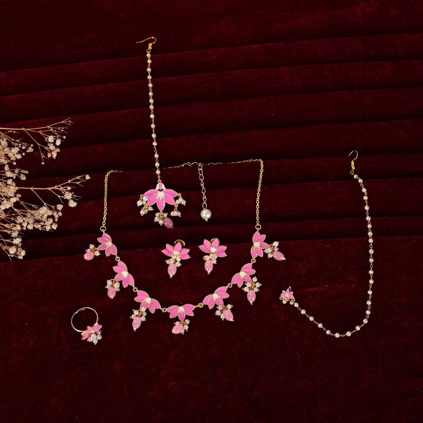 Tanusha Jewels Floral Meenakari Necklace Set for Women, Jewellery Set (Set of 5)