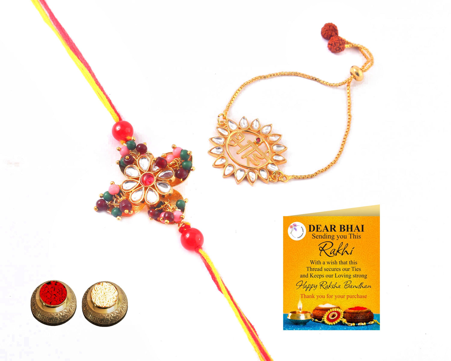 Tanusha Jewels Multicolour Designer Bhaiya & Bhabhi Rakhi Set