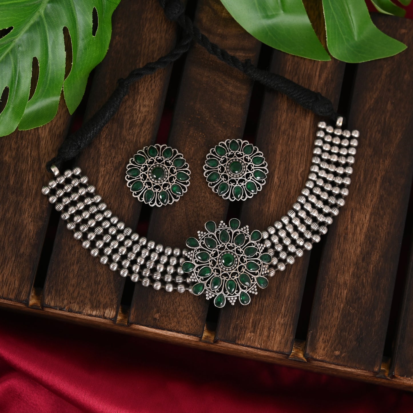 Tanusha Jewels Oxidised Choker Set For Womens & Girls (1Choker & 1Earring)