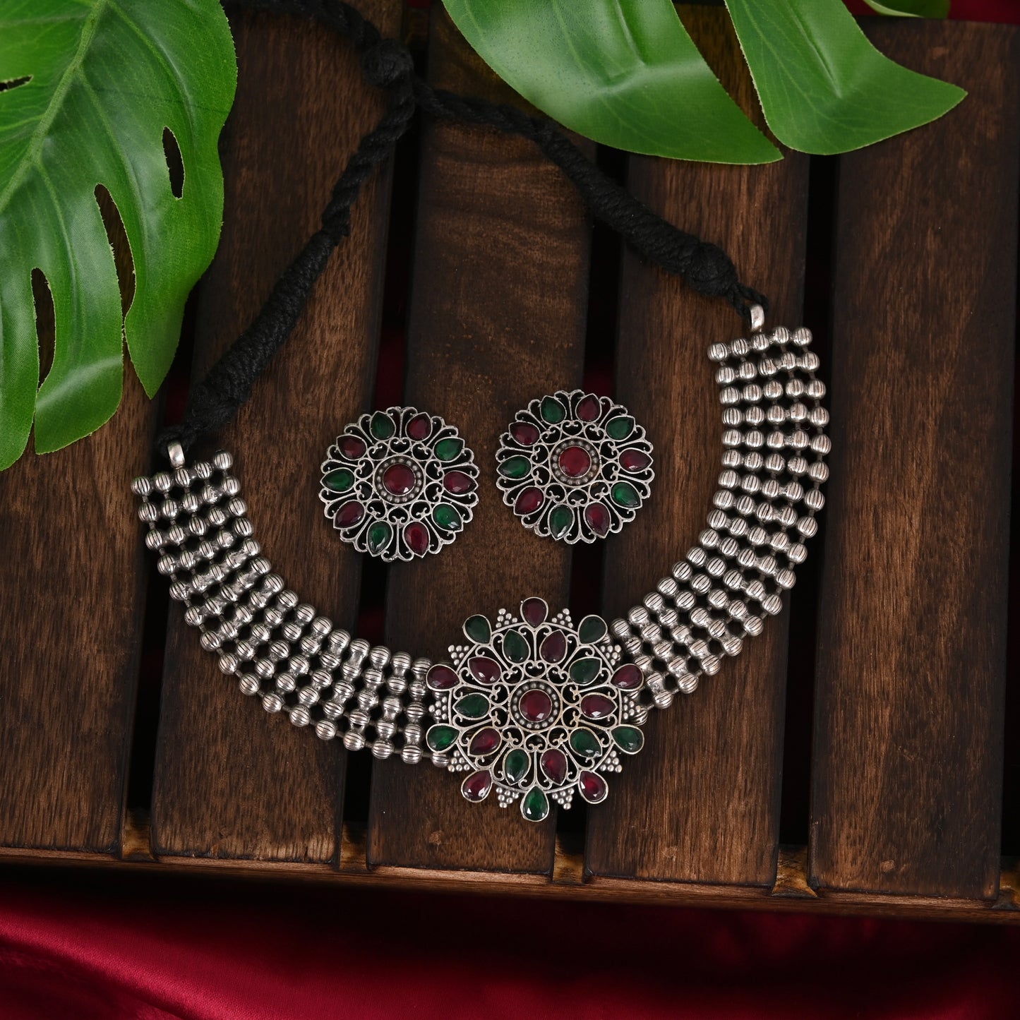 Tanusha Jewels Oxidised Choker Set For Womens & Girls (1Choker & 1Earring)