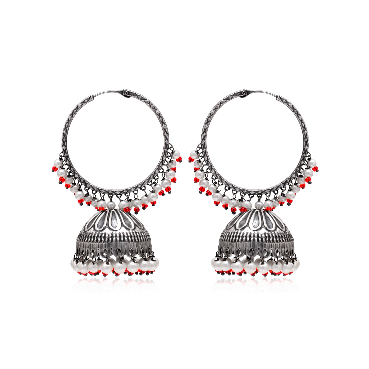 Tanusha Jewels Oxidised Hoop Jhumki Earrings For Womens (silver||white||red)