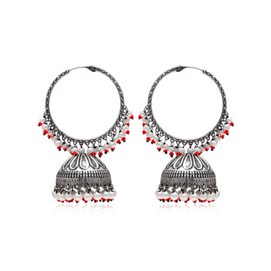 Tanusha Jewels Oxidised Hoop Jhumki Earrings For Womens (silver||white||red)