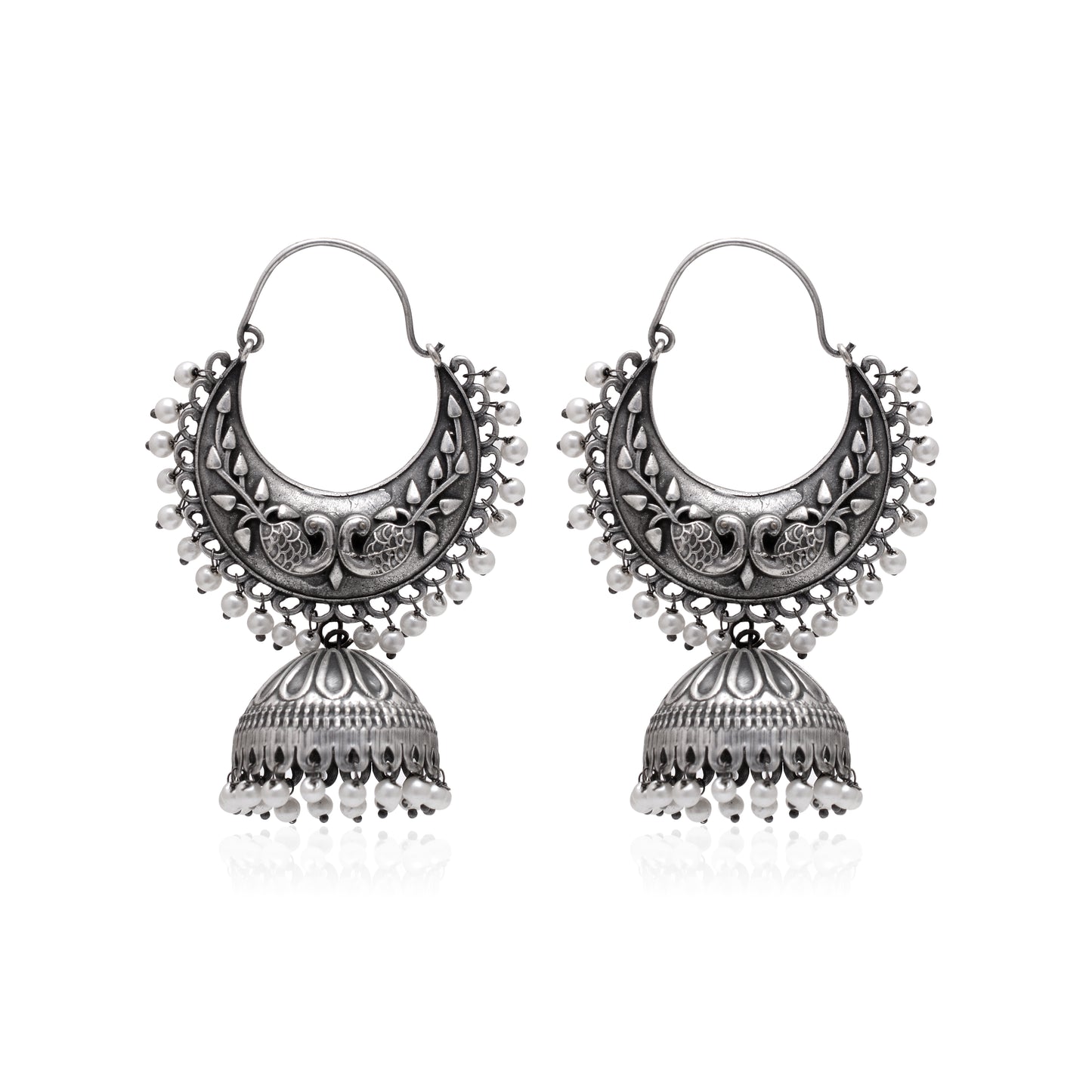 Tanusha Jewels Oxidised Chandbali Jhumki Earrings For Womens (Silver & White)