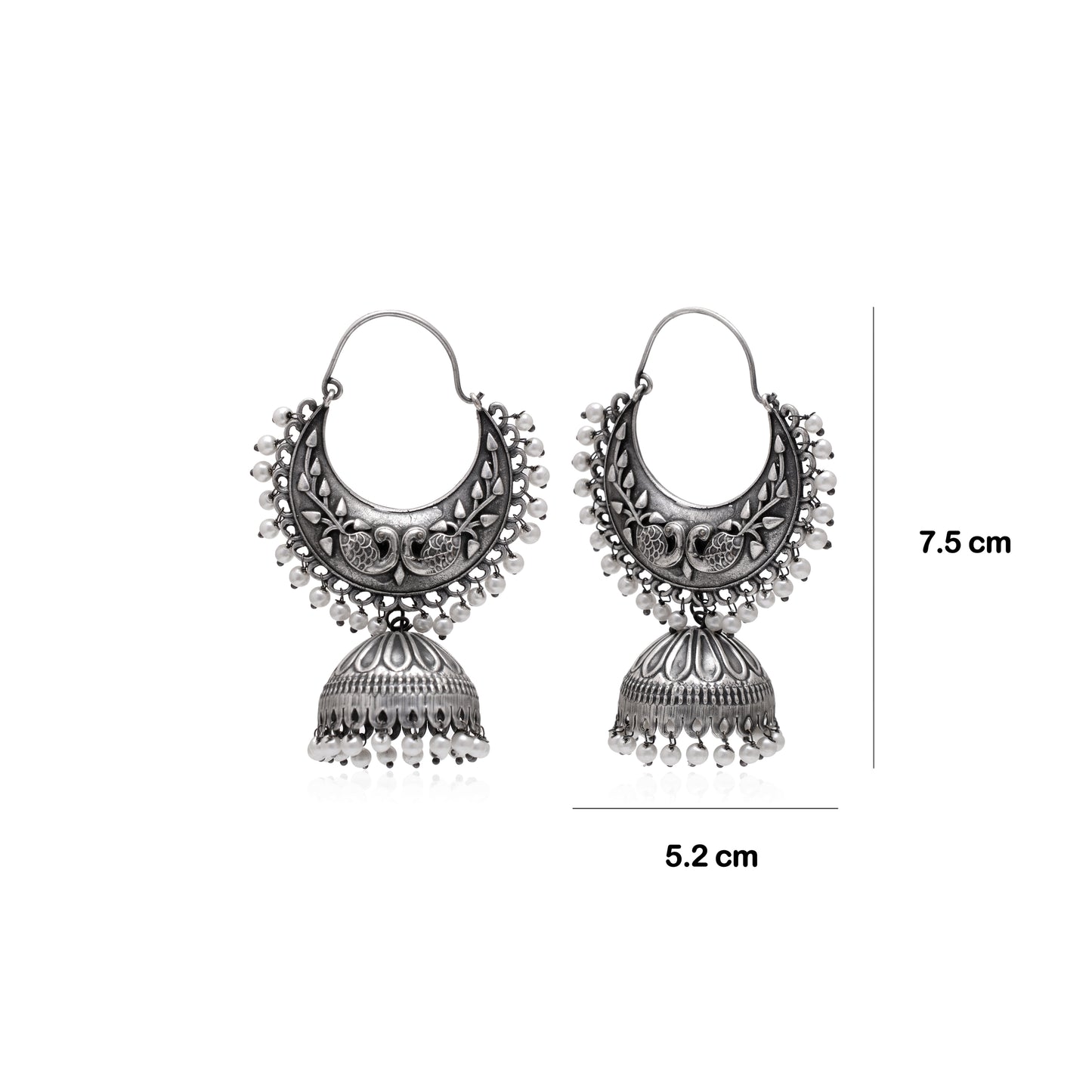 Tanusha Jewels Oxidised Chandbali Jhumki Earrings For Womens (Silver & White)