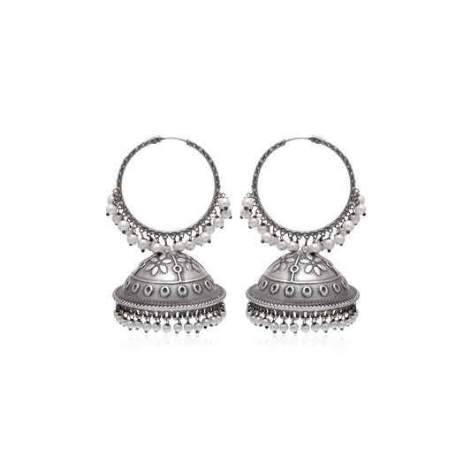 Tanusha Jewels Oxidised Hoop Jhumki Earrings For Womens (Silver & White)