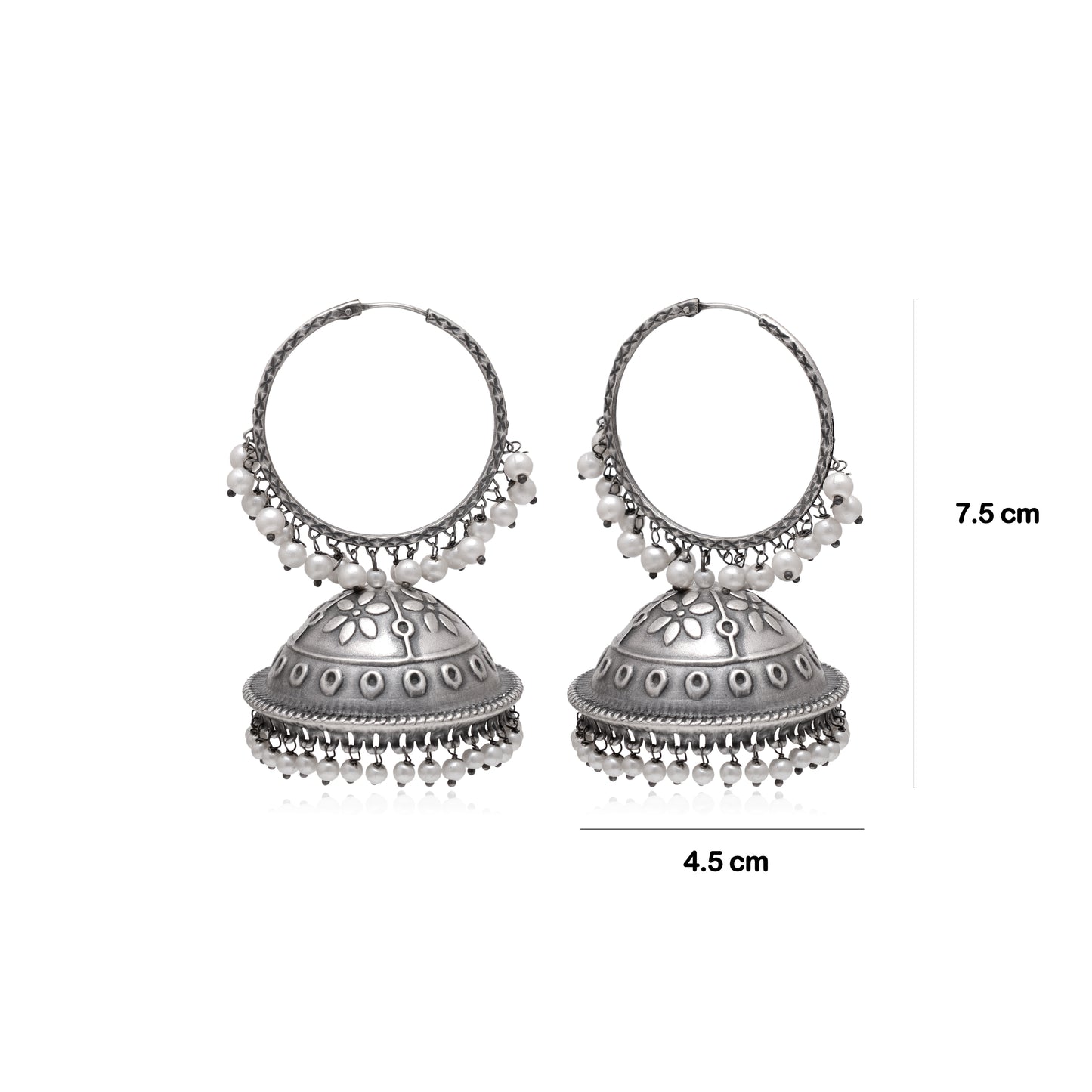 Tanusha Jewels Oxidised Hoop Jhumki Earrings For Womens (Silver & White)