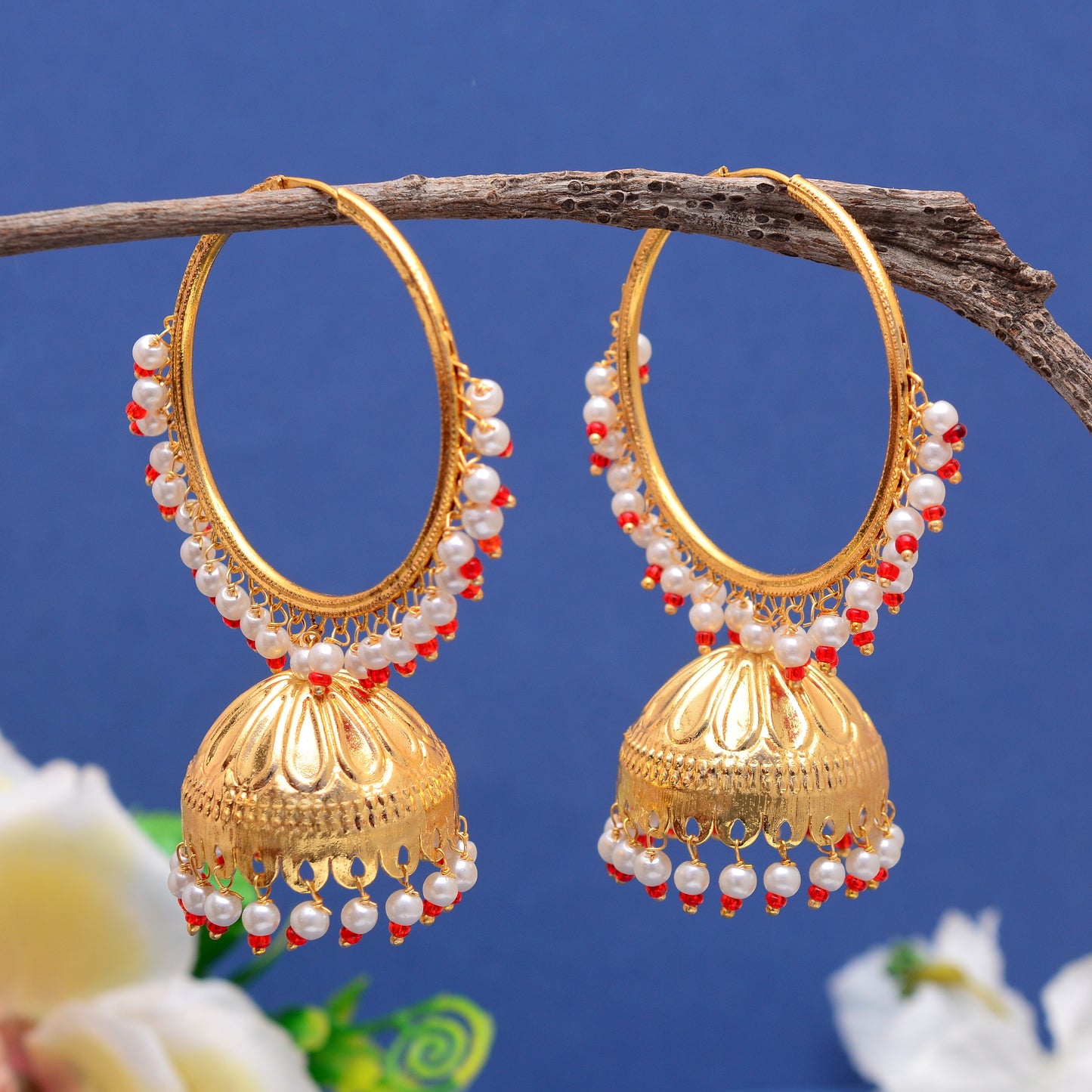 Tanusha Jewels Gold-Plated Pearl Hoop Jhumki Earrings (Gold)