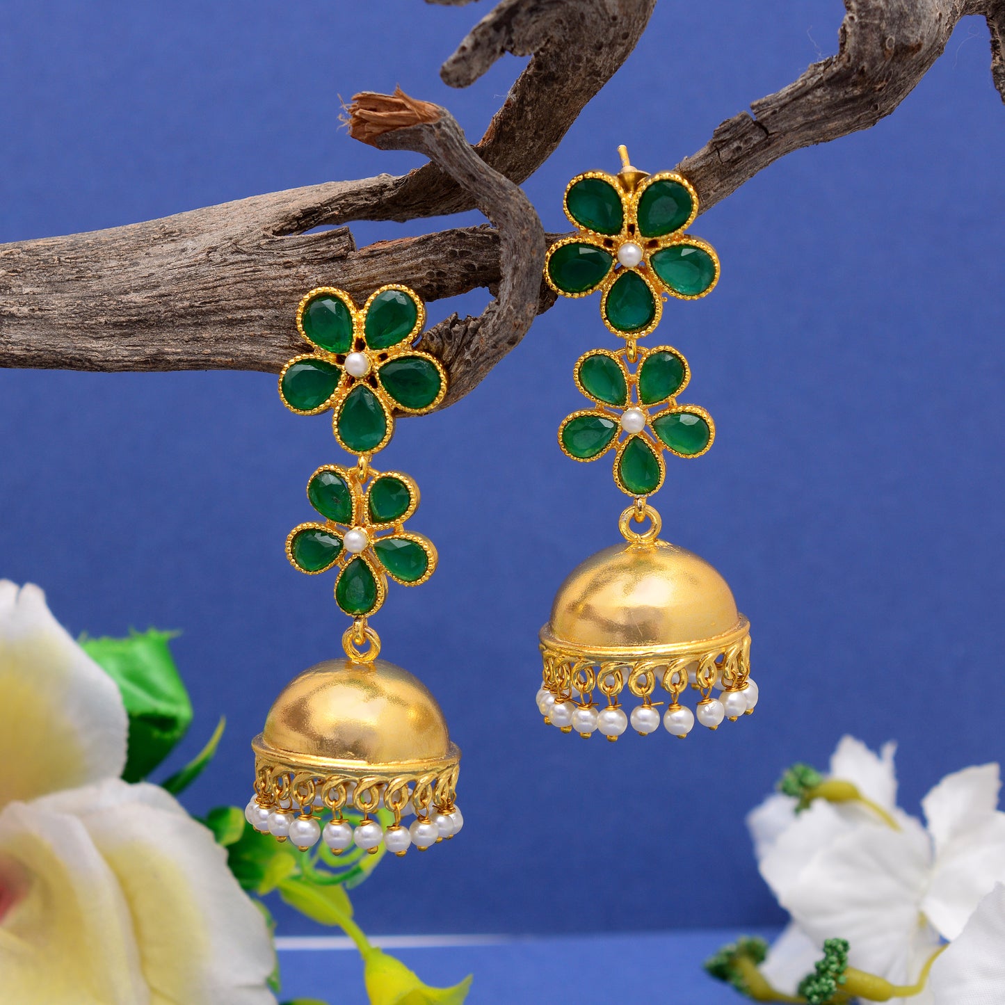 Tanusha Jewels Gold-Plated Pearl Floral Jhumki Earrings (green)