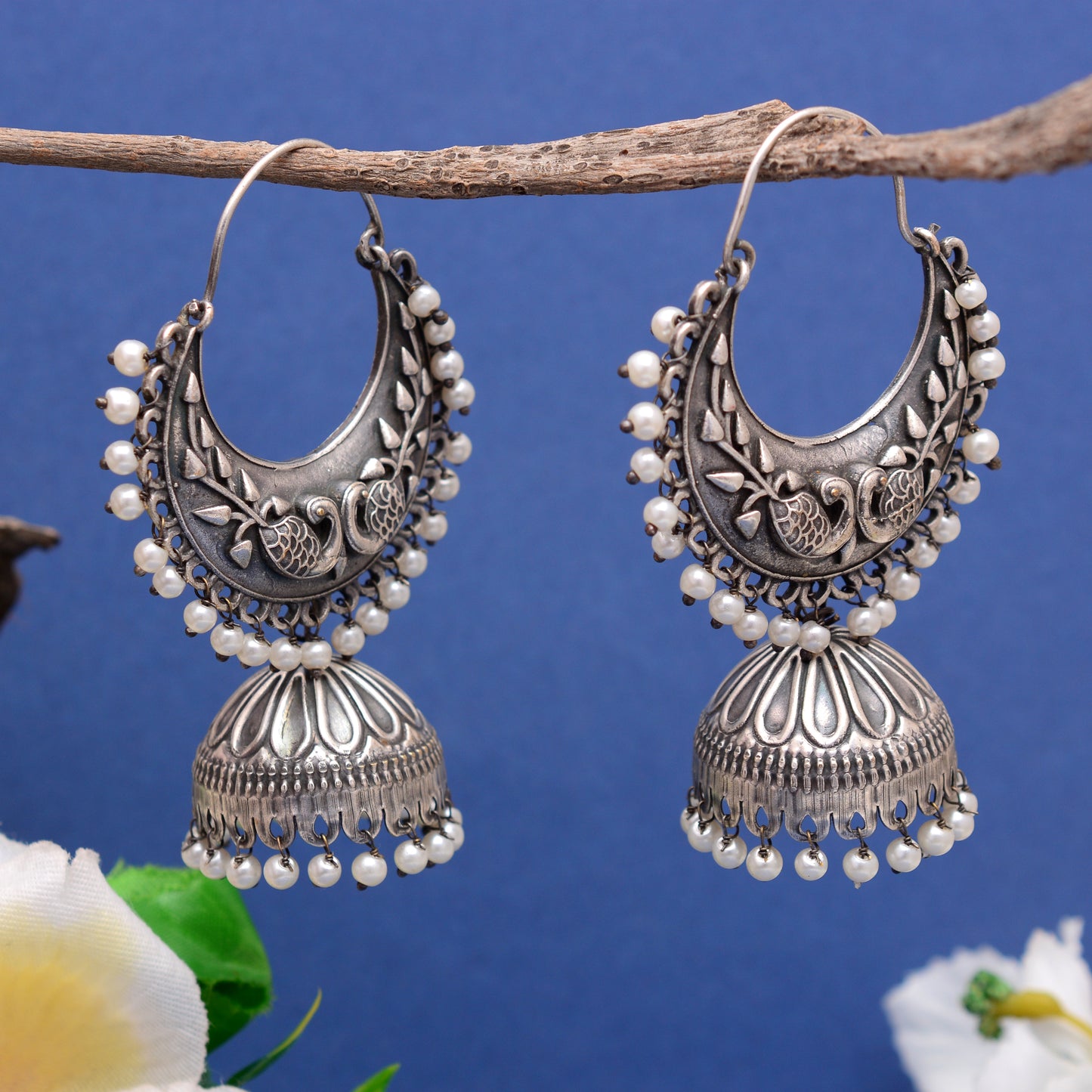 Tanusha Jewels Oxidised Chandbali Jhumki Earrings For Womens (Silver & White)