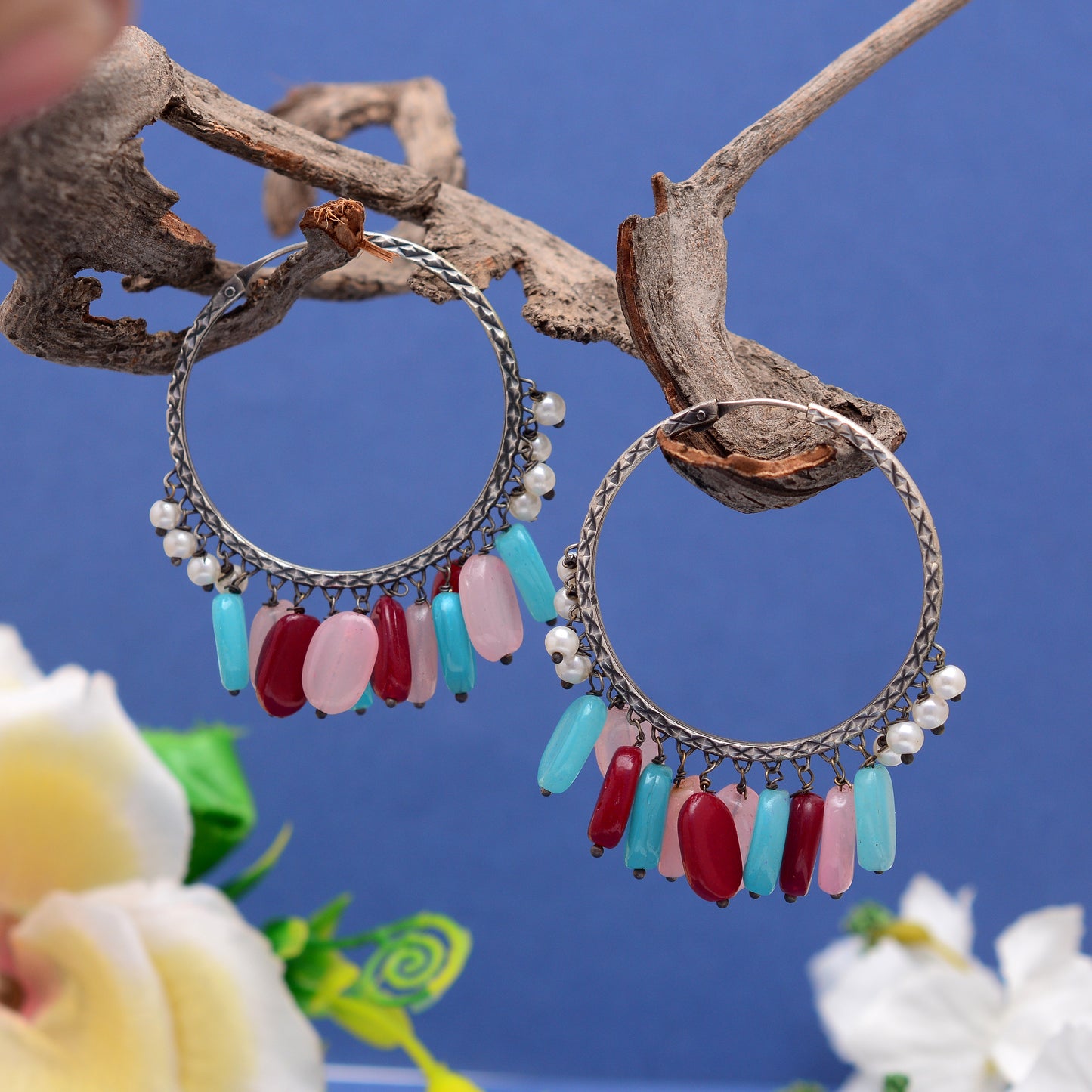 Tanusha Jewels Oxidised Hoop Earrings for Womens & Girls (Multicolour)