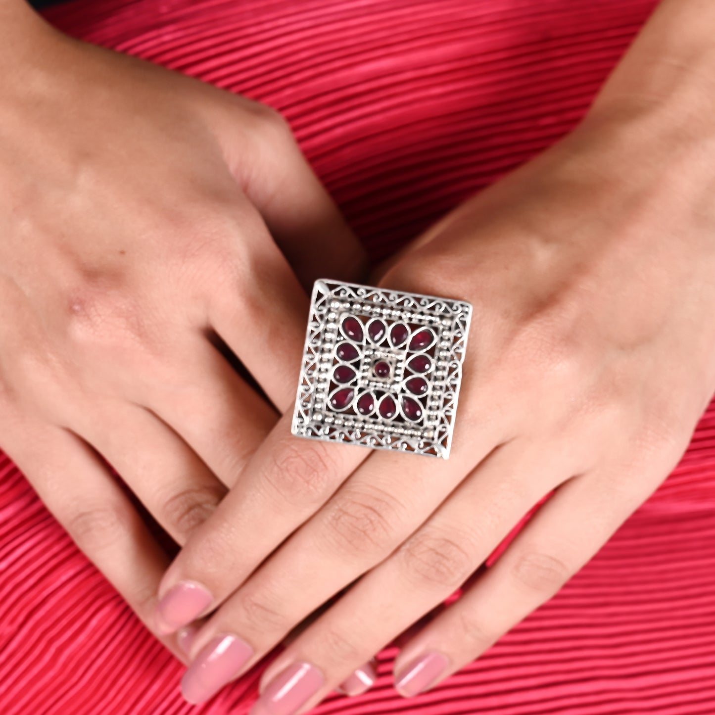 Tanusha Jewels Oxidised Square Brass Ring with Adjustable Size For Womens & Girls