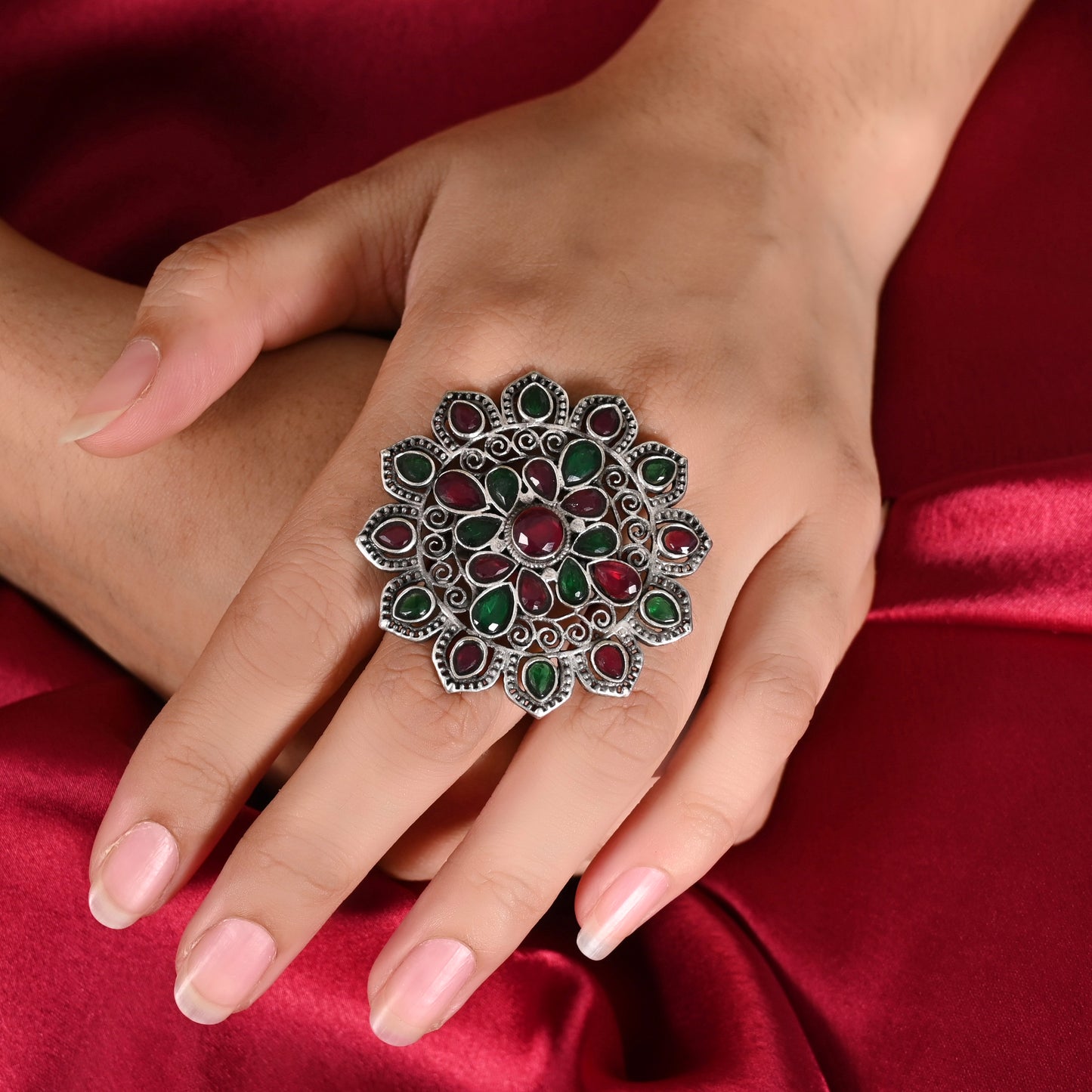 Tanusha Jewels Beautiful Oxidised Floral Drop Brass Ring with Adjustable Size For Womens & Girls