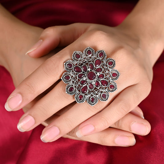 Tanusha Jewels Beautiful Oxidised Floral Drop Brass Ring with Adjustable Size For Womens & Girls