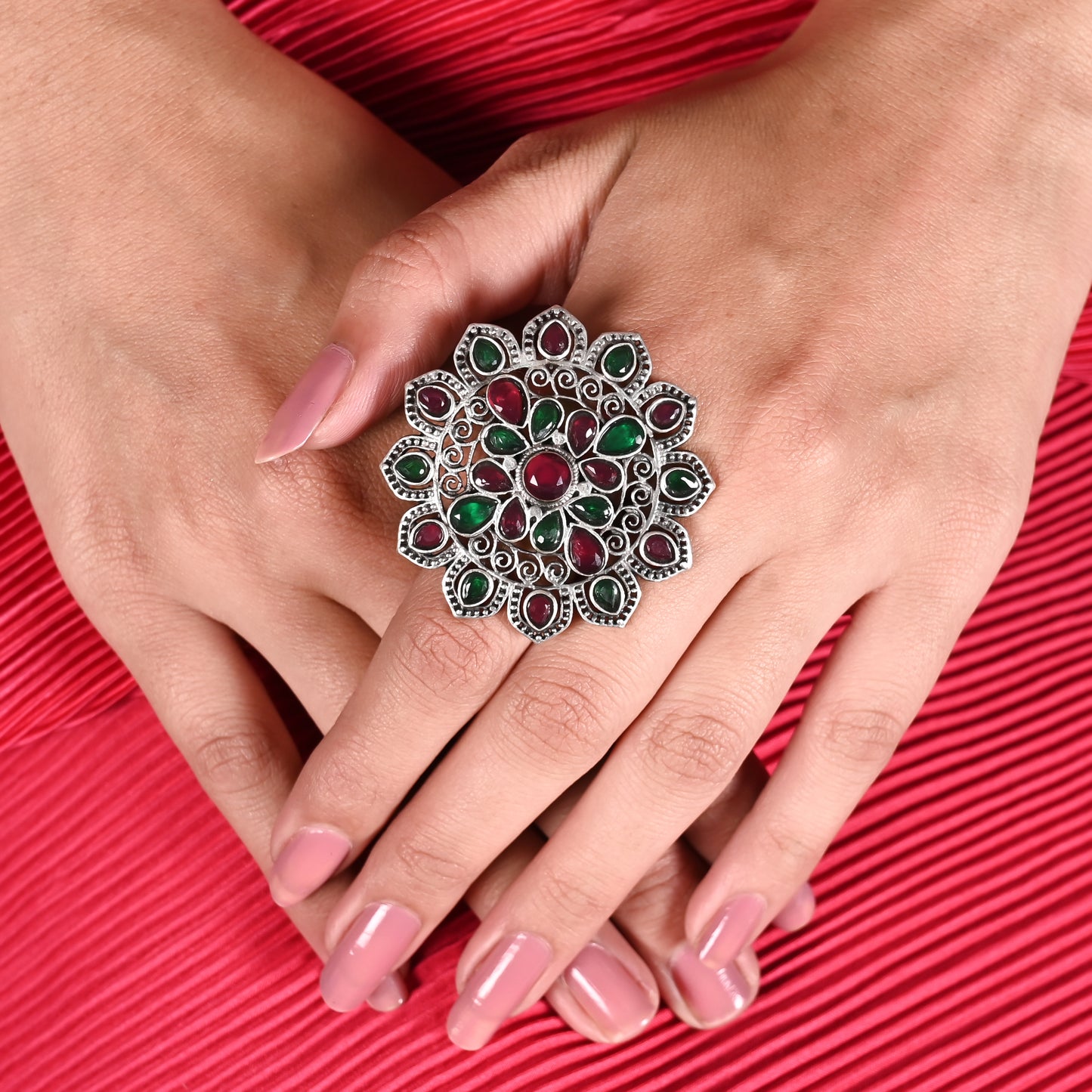 Tanusha Jewels Beautiful Oxidised Floral Drop Brass Ring with Adjustable Size For Womens & Girls