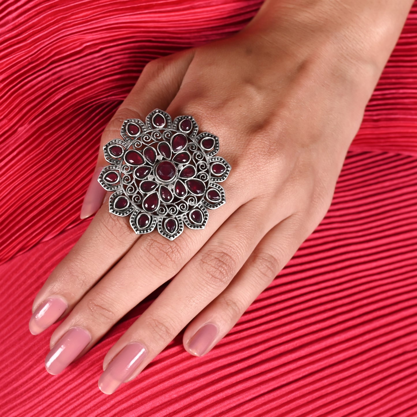 Tanusha Jewels Beautiful Oxidised Floral Drop Brass Ring with Adjustable Size For Womens & Girls