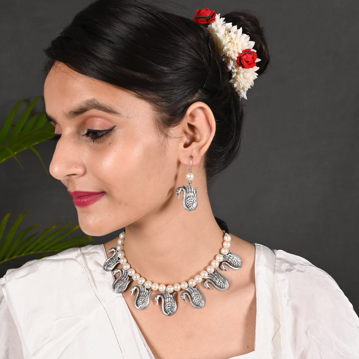 Tanusha Jewels Oxidised Swan Necklace & Earing Set for Womens