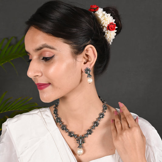 Tanusha Jewels Stunning Oxidised Looking V-Shape Necklace Set (1Necklace & 1Earing)