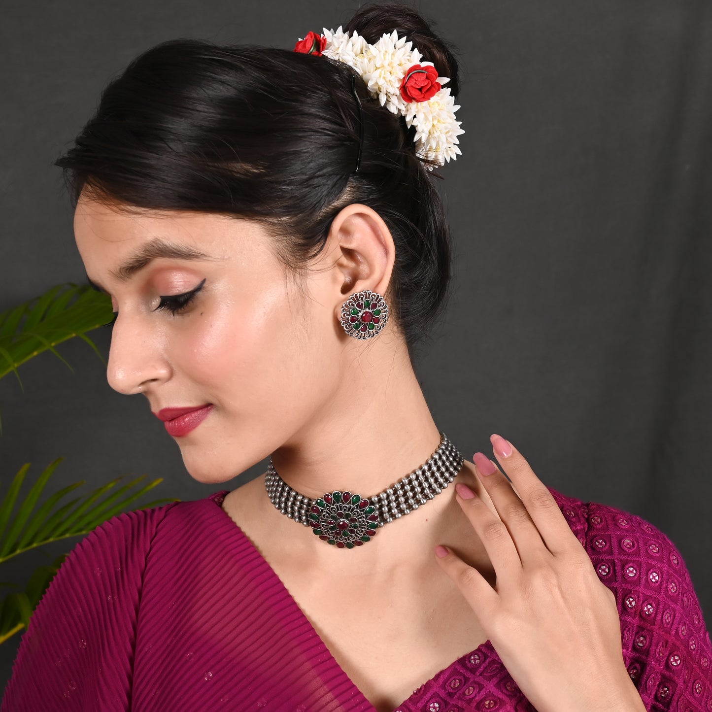 Tanusha Jewels Oxidised Choker Set For Womens & Girls (1choker & 1Earrings)