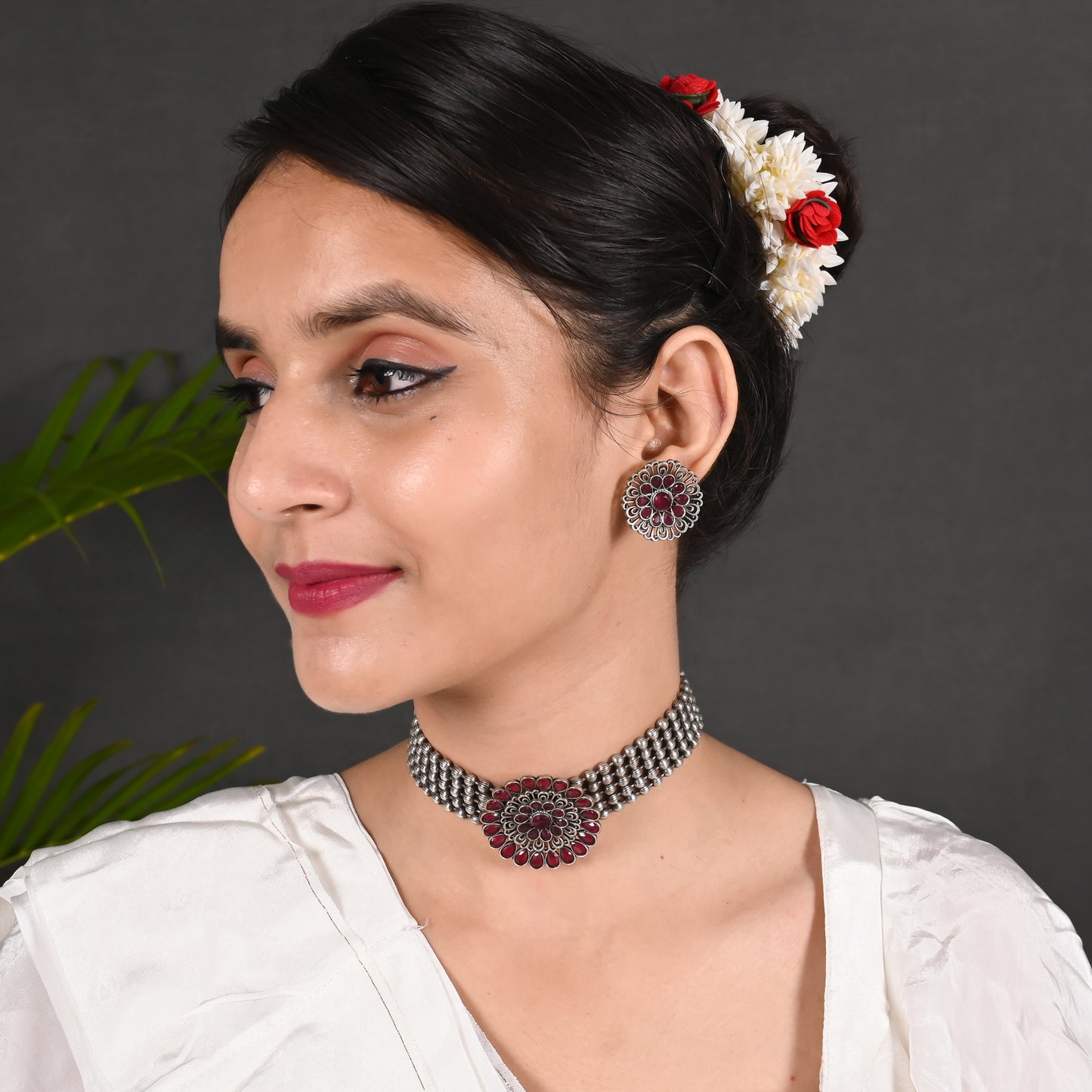 Tanusha Jewels Stunning Matte Looking Floral Choker Jewel Set (1Choker & 1Earing)