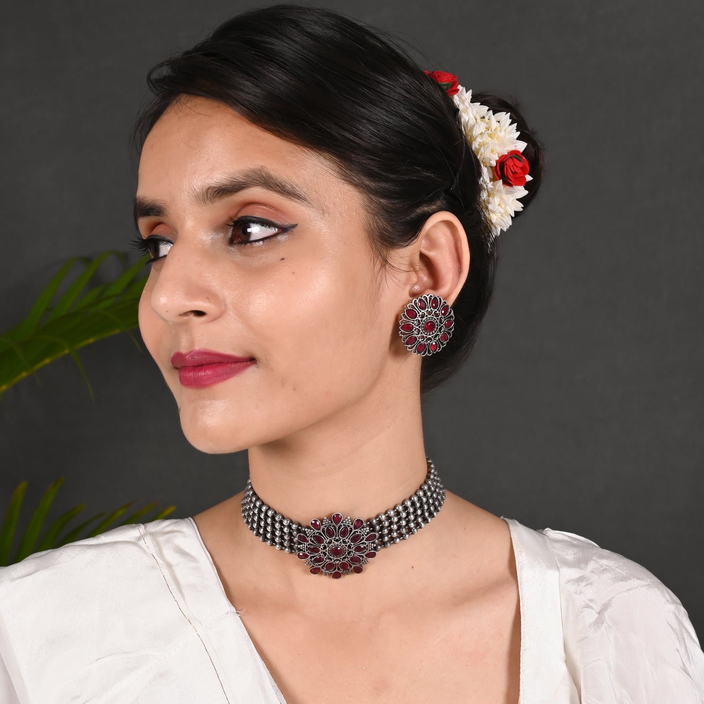 Tanusha Jewels Oxidised Choker Set For Womens & Girls (1Choker & 1Earring)