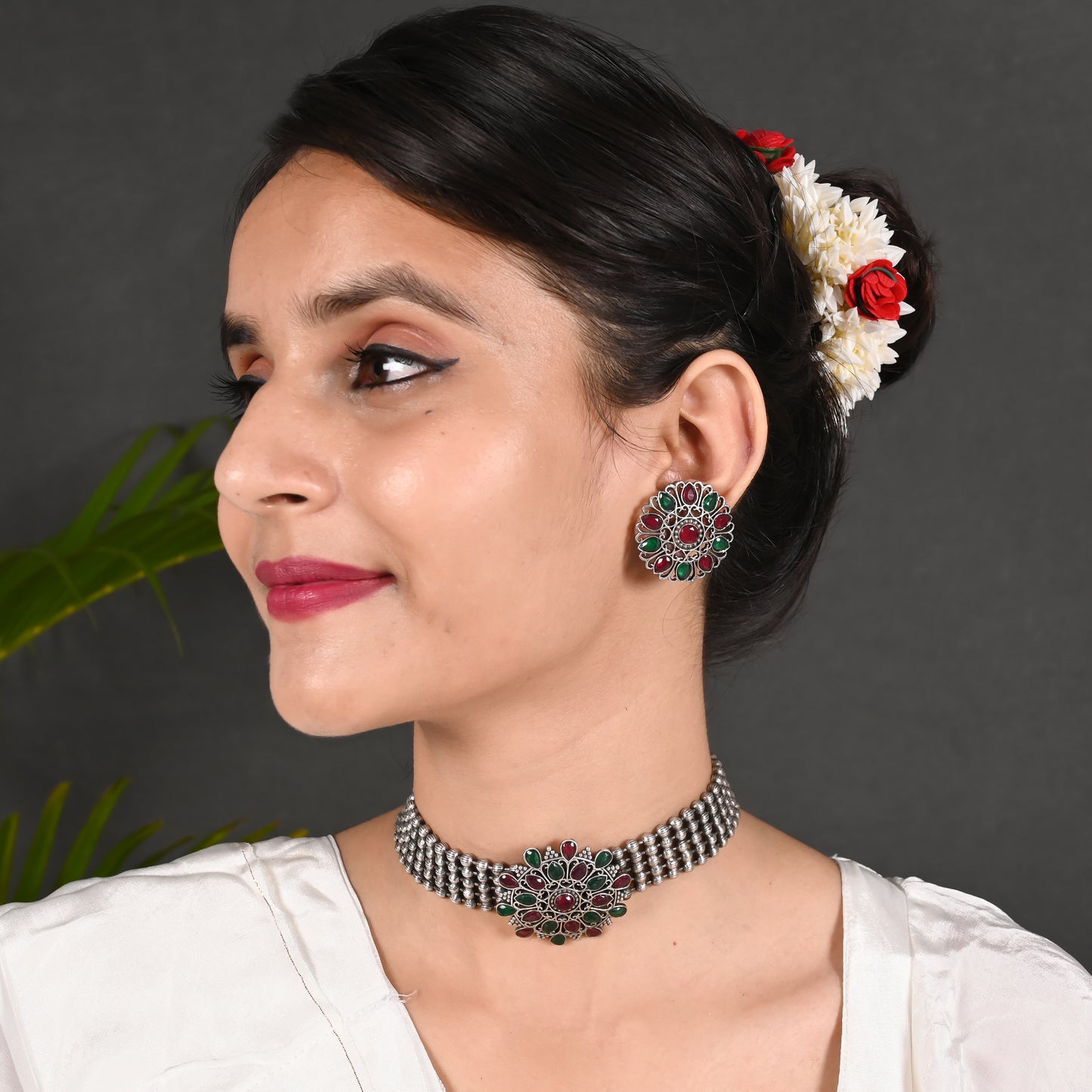 Tanusha Jewels Oxidised Choker Set For Womens & Girls (1Choker & 1Earring)